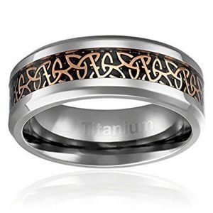 Mens Titanium Irish Triquetra Wedding Band Ring (8mm). Black & Gold Celtic Knot.